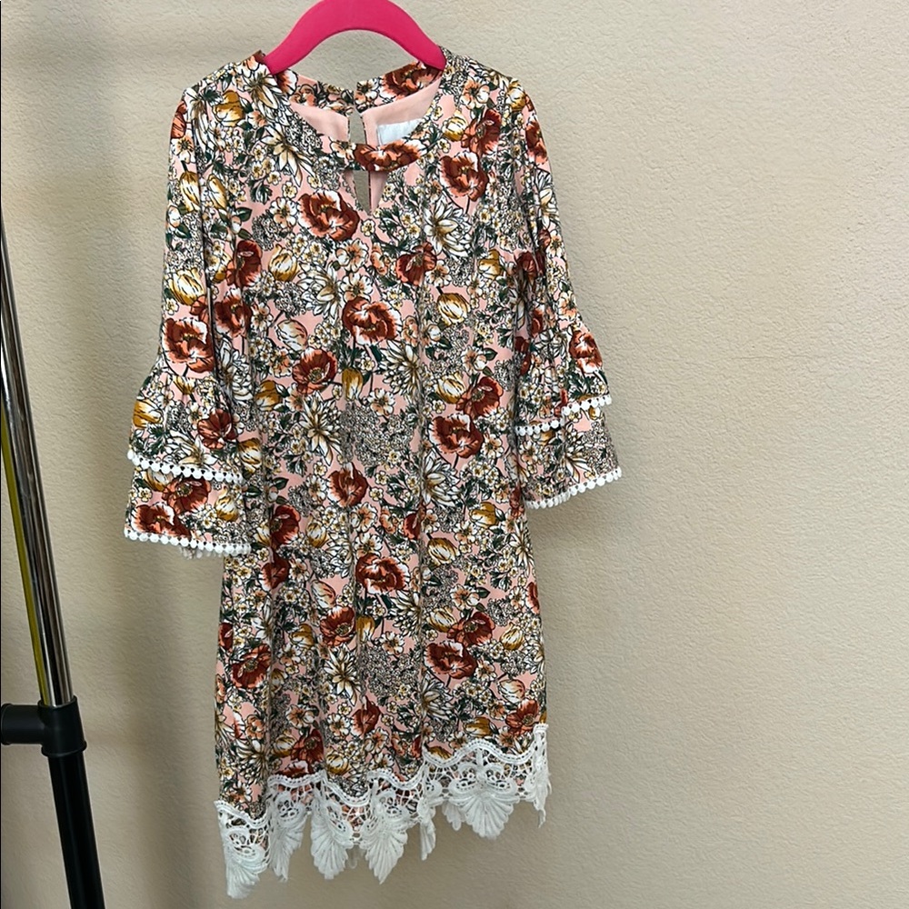 Floral Bell Sleeve Dress with Lace Hem